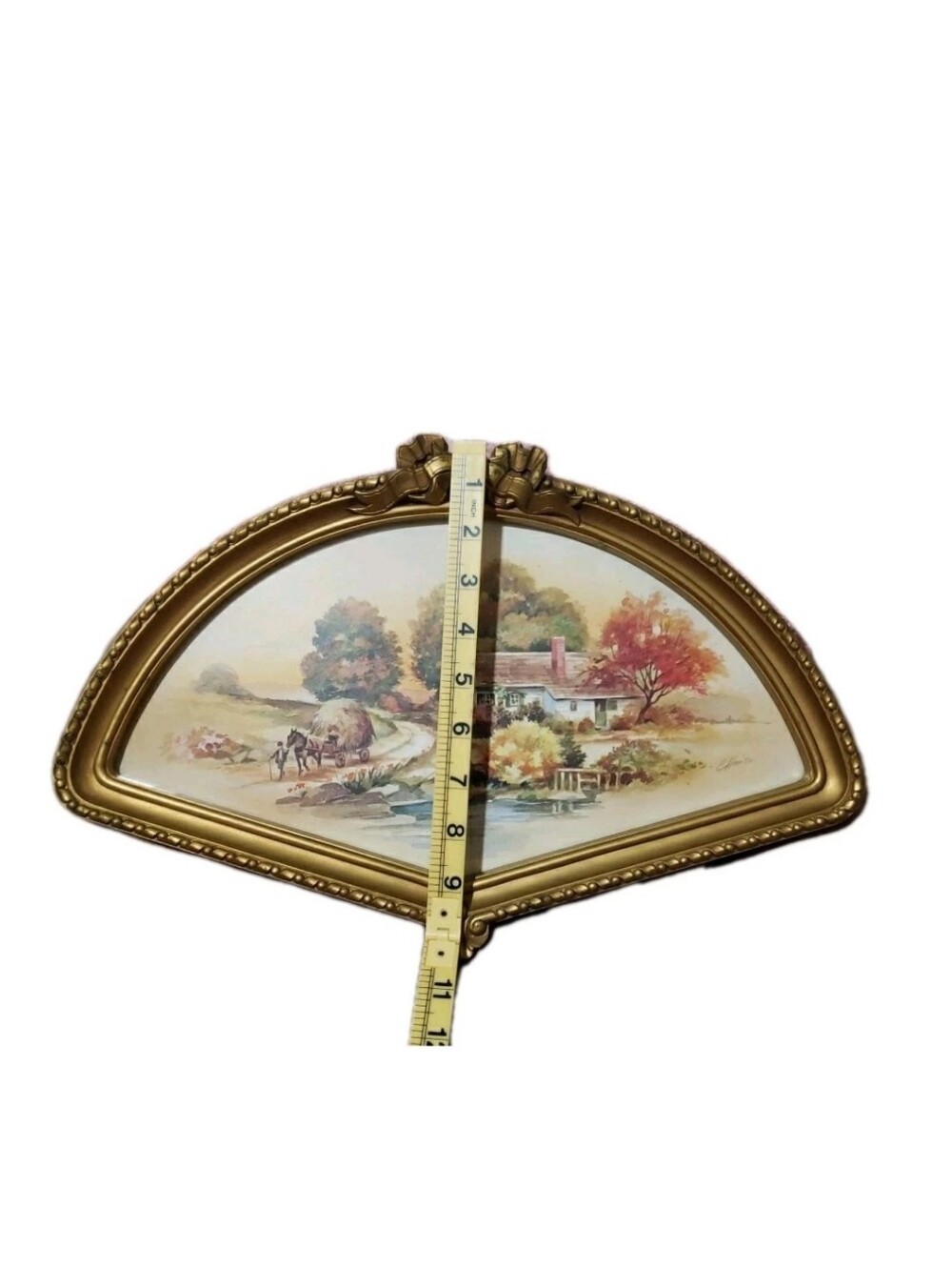Vtg 1984 Homco Fan Shaped Framed Wall Art Autumn Country USA Homestead Bow Gold - Picture 7 of 8